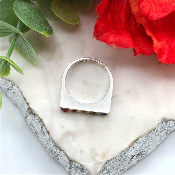 Alex And Ani Sterling Silver Rainbow Crystal Signet Bar Flat Top Rhinestone Ring - Picture 11 of 17